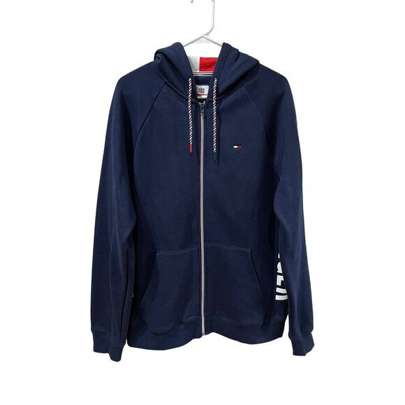 Tommy Hilfiger Denim Navy Blue Full-Zip Hoodie With Logo Print On Sleeves L/G Me - Picture 2 of 7